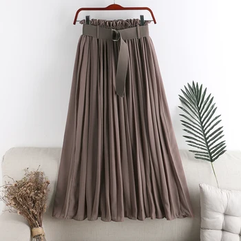 

Summer Skirt with belt Woemn 2020 New Elegant Elastic Thin Long Solid Color Chiffon Skirt pleated midi skirt office lady