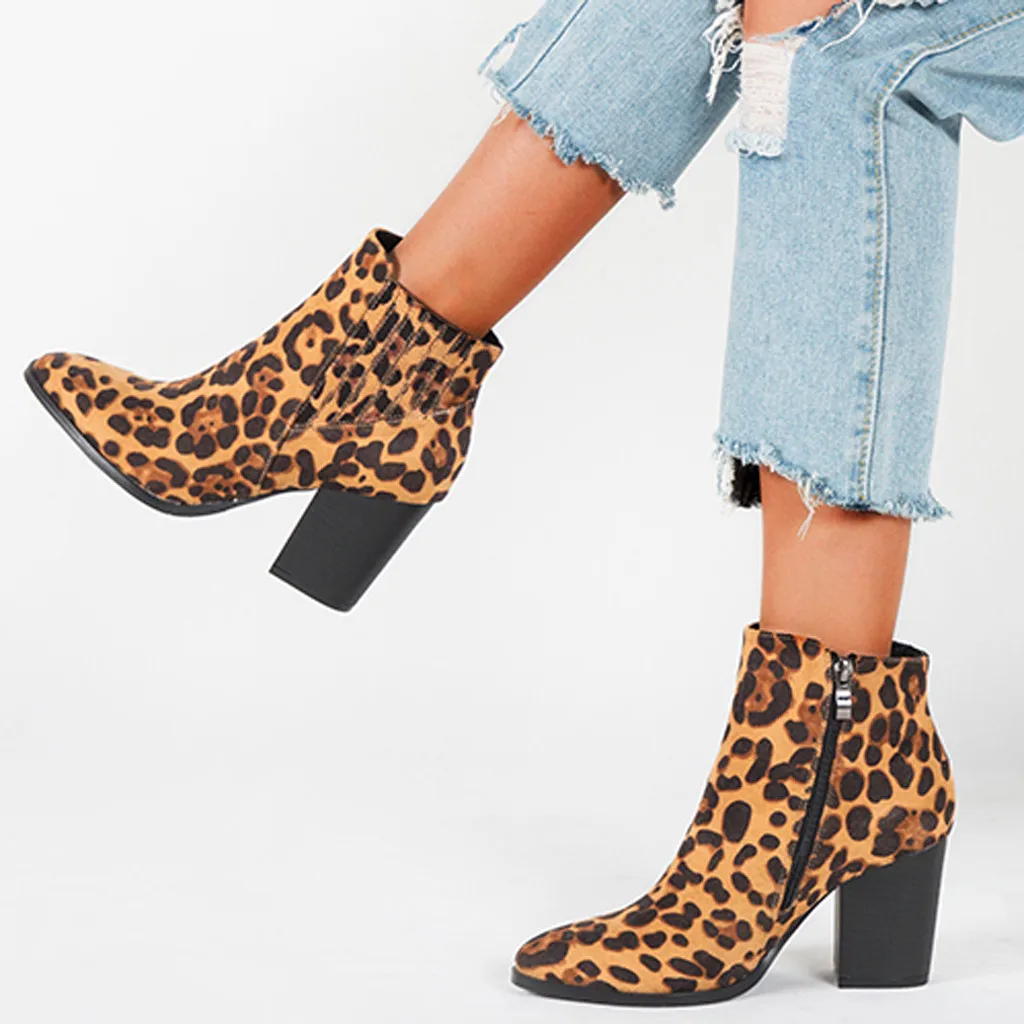 Stylish Women's Sexy Ankle Boots Winter Leopard Print Pointed Suede Chelsea Boot Fashion Female High Heel Party Casual Shoes Zip