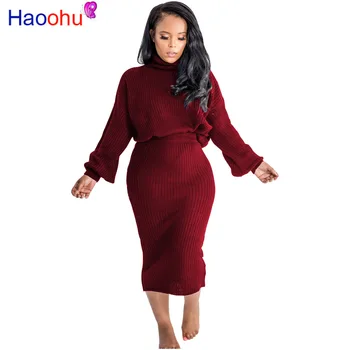 

HAOOHU Knitted 2 Piece Set Women Clothes Fall Winter Outfit Turtleneck Sweater Top and Midi Skirts Matching Suit Two Piece Set