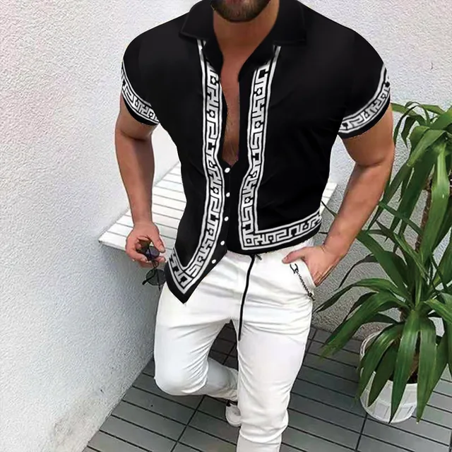 Summer New Men's Clothing European American Retro Trend Shirt Cardigan Single-Breasted Men's Short Sleeve Printing Shirt C004