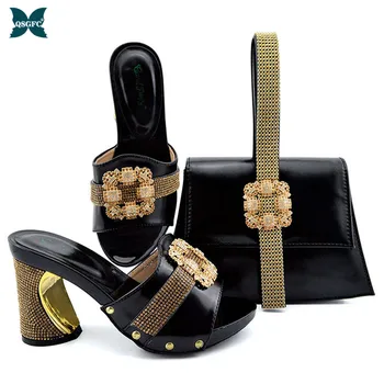

Newest 2020 Italian design Ladies Shoes and Bag Set Decorated with Rhinestones Nigerian Women Shoes and Bag Set in Black Color