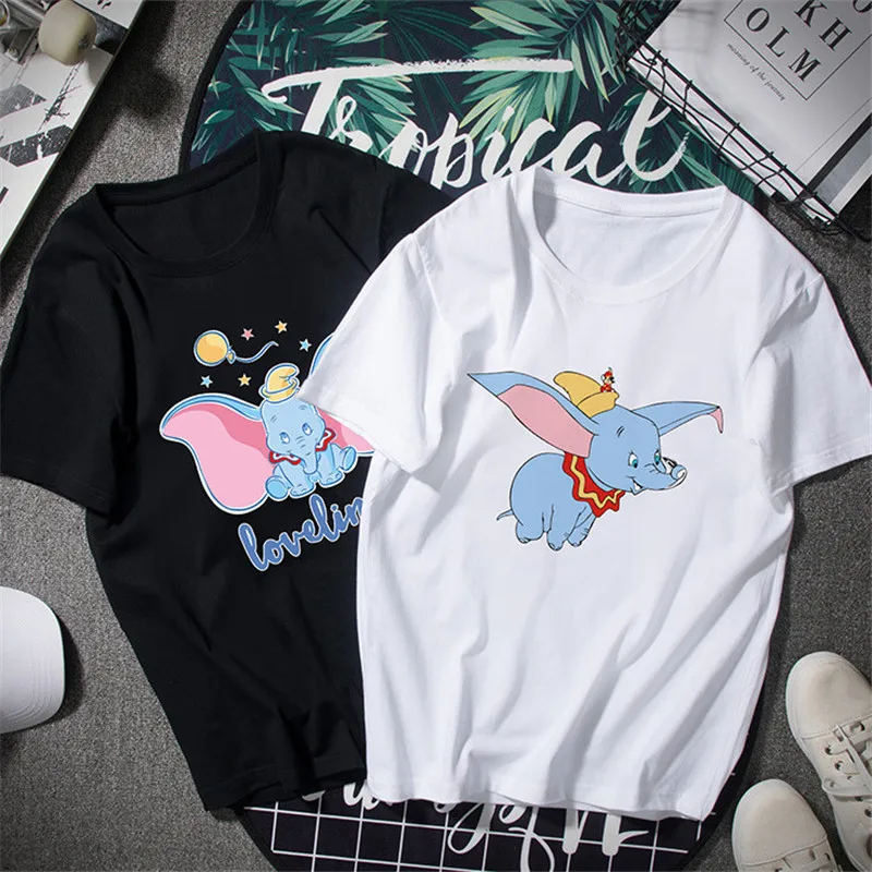 Милый слон с крыльями мультфильм Dumbo рубашка женщин животных o-образным вырезом короткий рукав печати топы футболки Повседневная одежда Повседневная футболка для женщин