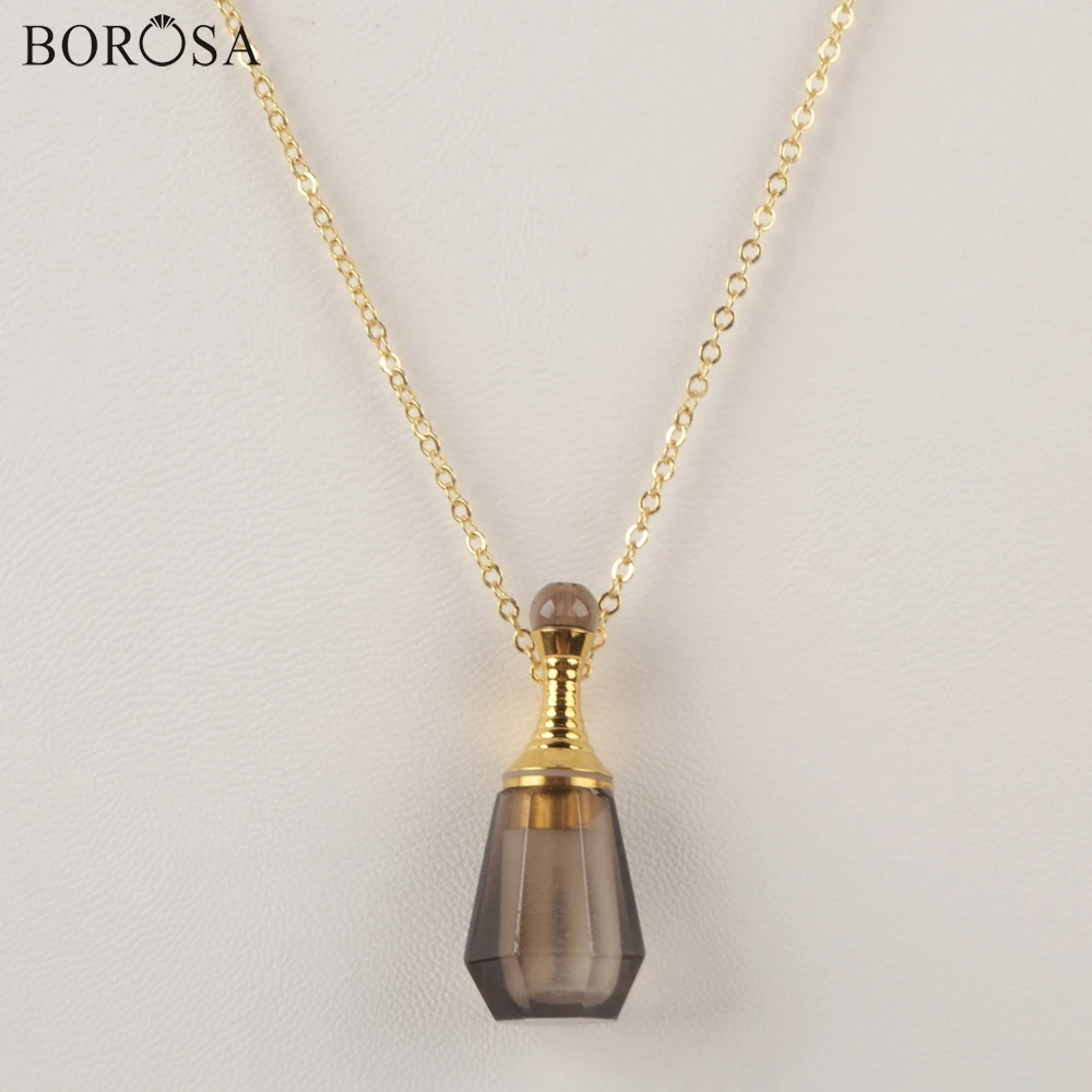 BOROSA 3Pcs 26inch Perfume Bottle Necklace Gild Natural Gems Stone Essential Oil Diffuser Rose White Quartz Jewelry WX1223-N