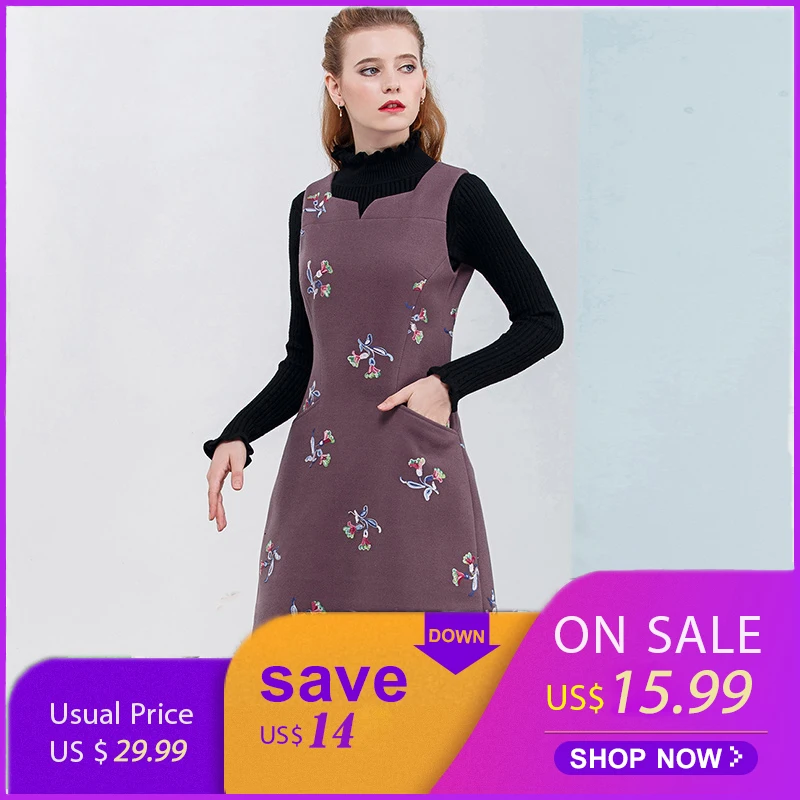 

HELIAR Purple Women Winter Embroidery Woolen Long Dresses Sleeveless Vintage Dress Fashion Women's Vest Slim Clothing Vestidos