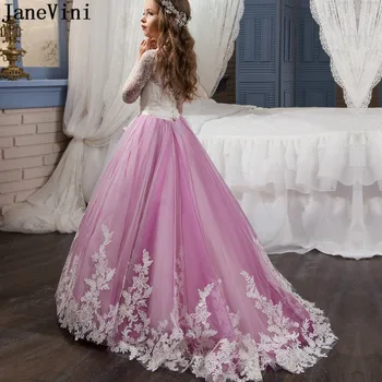 

JaneVini Charming Kids Girls Sweep Train Flower Girl Dresses Floral Appliqued Lace Long Sleeve Beaded Wedding Party Prom Gown