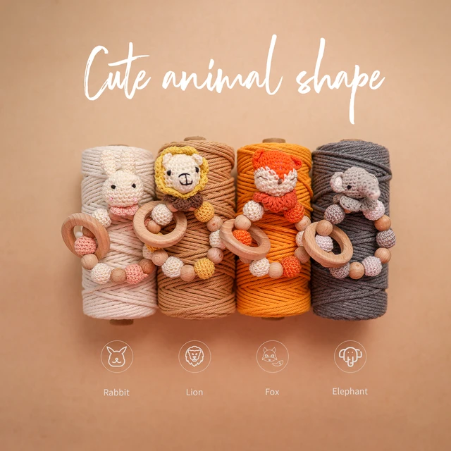 1 Pc Wooden Natural Crochet Baby Infant Teether Teething Ring Bracelet Toys Animal Shaped Nursing Bracelet Rattle Gift for Kids 3