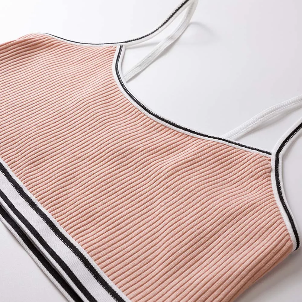 1PC Teenage Puberty Girl Sweet Candy Color Bra Underwear Striped Patchwork Thread Ribbed Wireless Bralette Vest