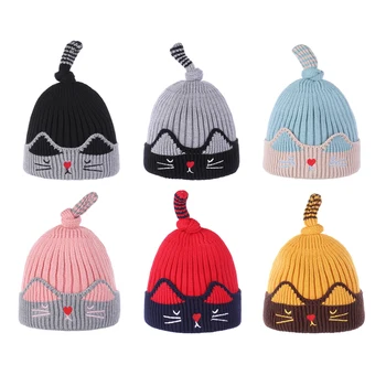 

Newborn Kids Baby Caps Autumn Winter Warm Cartoon Cat Striped Hats Knitted Wool Hemming Caps Hot New Arrival
