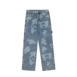 Pantalones vaqueros holgados para hombres y mujeres, Jeans Retro lavados, estilo Hip Hop, con palmeras de Jacquard, de moda coreana