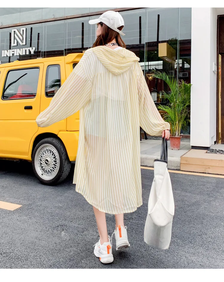 Spring And Summer New Style Korean-style Loose-Fit BF Mid-length Striped Shirt Hooded Sunscreen Coat Thin Coat
