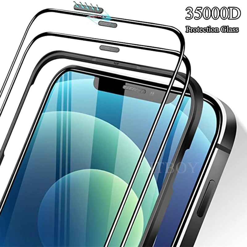 Защитное стекло 35000D для iphone 12 11 Pro Max X XS XR защиты экрана 7 8 6 Plus 13 mini Пылезащитная
