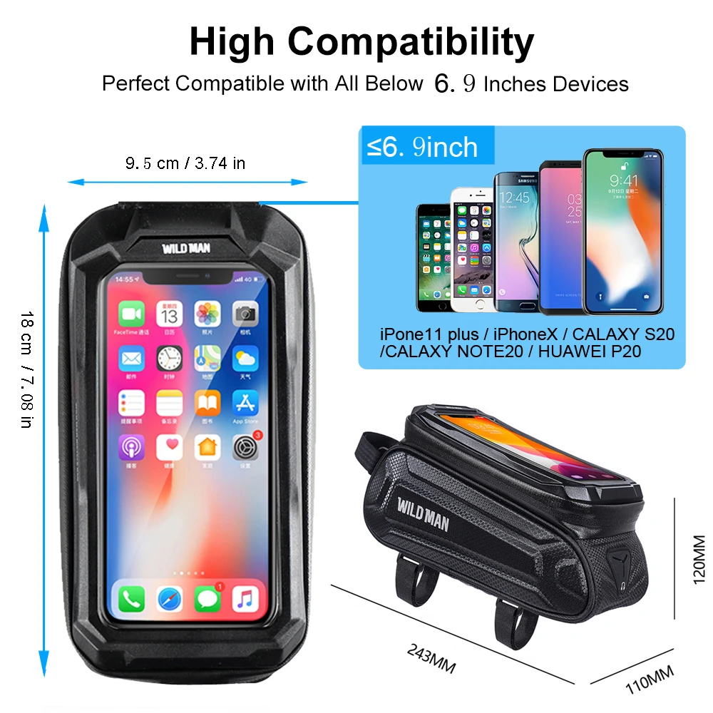 WILD MAN Bicycle Bag 1.8L Frame Front Tube Cycling Bag Waterproof Phone Case Holder 7 inch Touchscreen Bag Bike Accessories