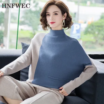 

Red Long-sleeved Contrast Half-high Collar Knit Plus Women Pullover Casual Simple Fashion 2019 Autumn Winter New S602
