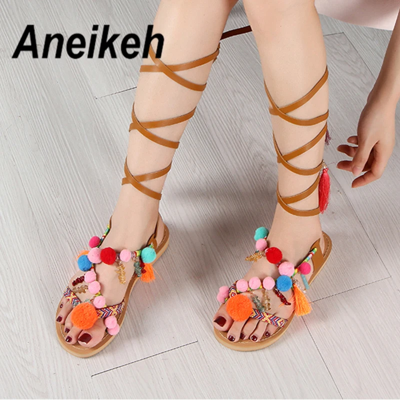 

Aneikeh Bohemia Style Fringed Pompoms Lady Gladiator Fringed Sandals Shoes Cross Strap tie up Women Flats Sandals Size 35-40