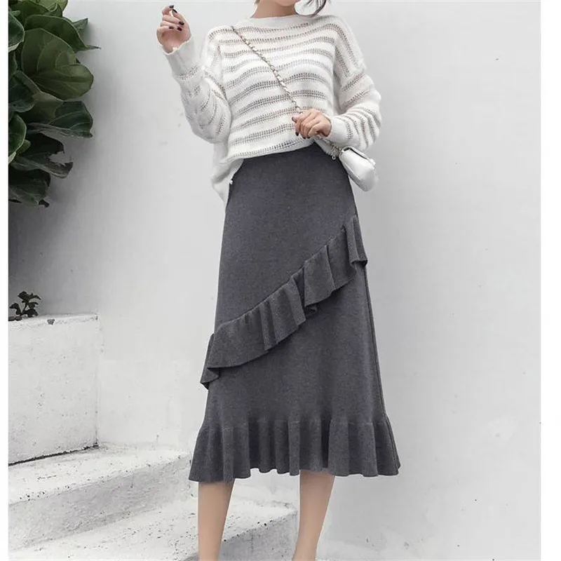 Осень зима 2019 женские элегантные трикотажные юбки Корейская Однотонная юбка с