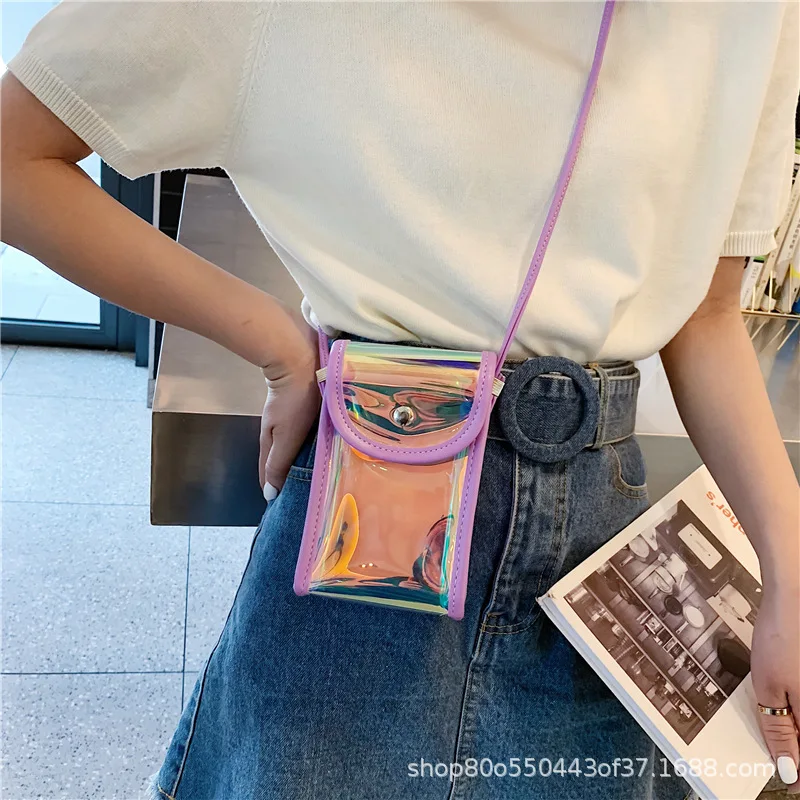

Laser Mobile Phone Bag Fashion Shoulder Oblique Bag Waterproof Wearable tou ming pu + PVC Multi-color Square Sling Bag