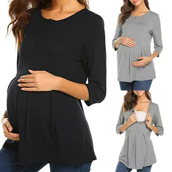 

Maternity Autumn Shirt Fashion Women Solid O-Neck Three quarter Sleeve Pregnant Top Zwangerschaps Kleding Trendy Tops For Women