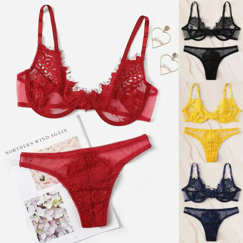 

Women Lingerie Set Lace Babydoll Unpadded Bra G-String Thong Underwear Nightwear Set