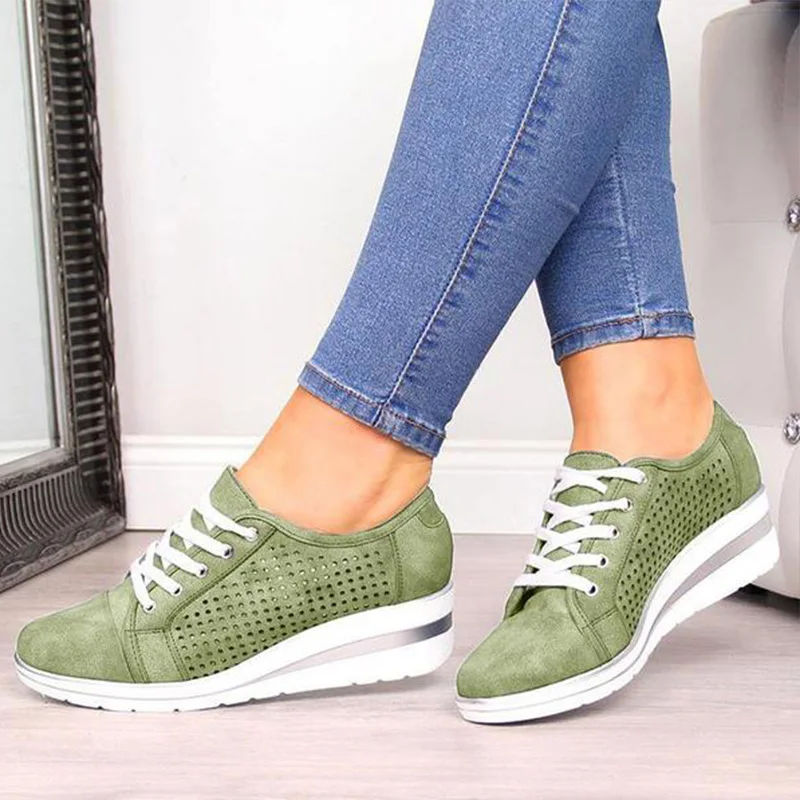green TINO KINO Autumn Women Hollow Out Wedge Vulcanized Ladies Lace Up Platform Casual Sneakers Female Fashion Shoes Plus Size - Цвет: green