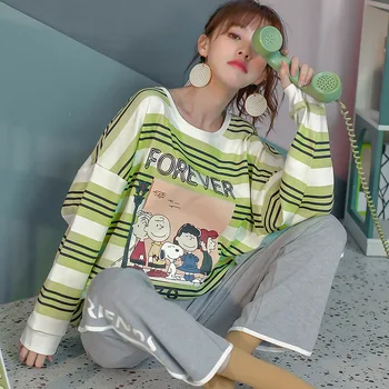 

Fall Korean Pajamas Sweet Girl Pure Cotton Long Sleeve Plus Size Stylish Striped Home Set Cartoon Letter Print Pajama Set Women