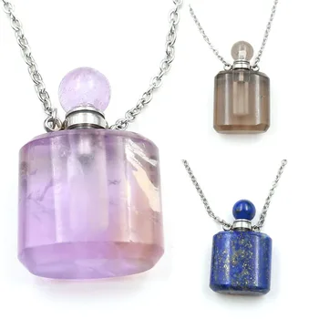 

1PC Natural Gems lapiz lazul stone perfume Bottle Pendant square silver plated essential oils diffuser for Necklace Jewelry
