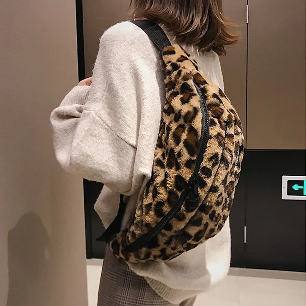 

Women Chest Bags Leopard Plush Fanny Pack Bag Shoulder Bag Female Large Capacity Phone Money Waist Packs Sac Banana Femme