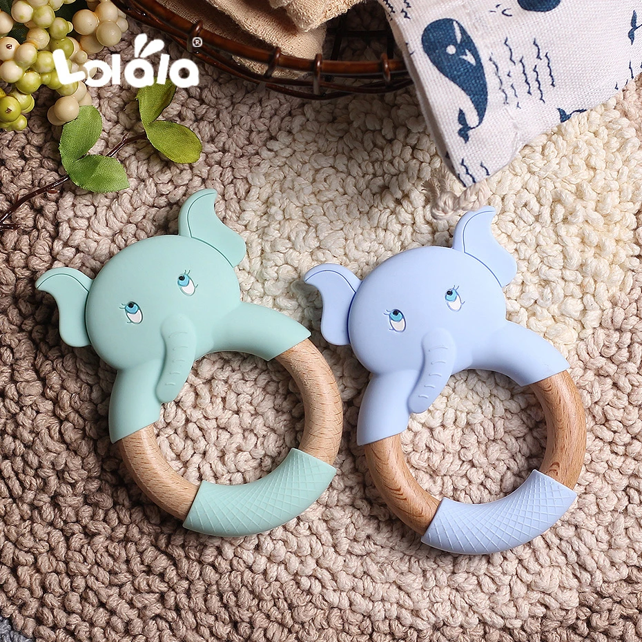 1pc Baby Silicone Teether Cartoon Elephant Sheep Teething Toy Beech Wood Ring Infant Comfort Toys Baby Teether