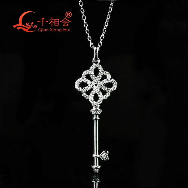 

Chinese knot key pendant 925 silver white color moissanite 13x34mm Jewelry for Pendant Necklace with chain
