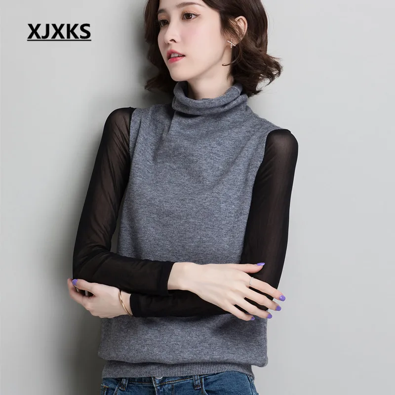 

XJXKS Women Turtleneck Sweater Vest 2019 Autumn Winter New Plus Size Comfort Cashmere Knitted Pullover Women Sleeveless Sweater