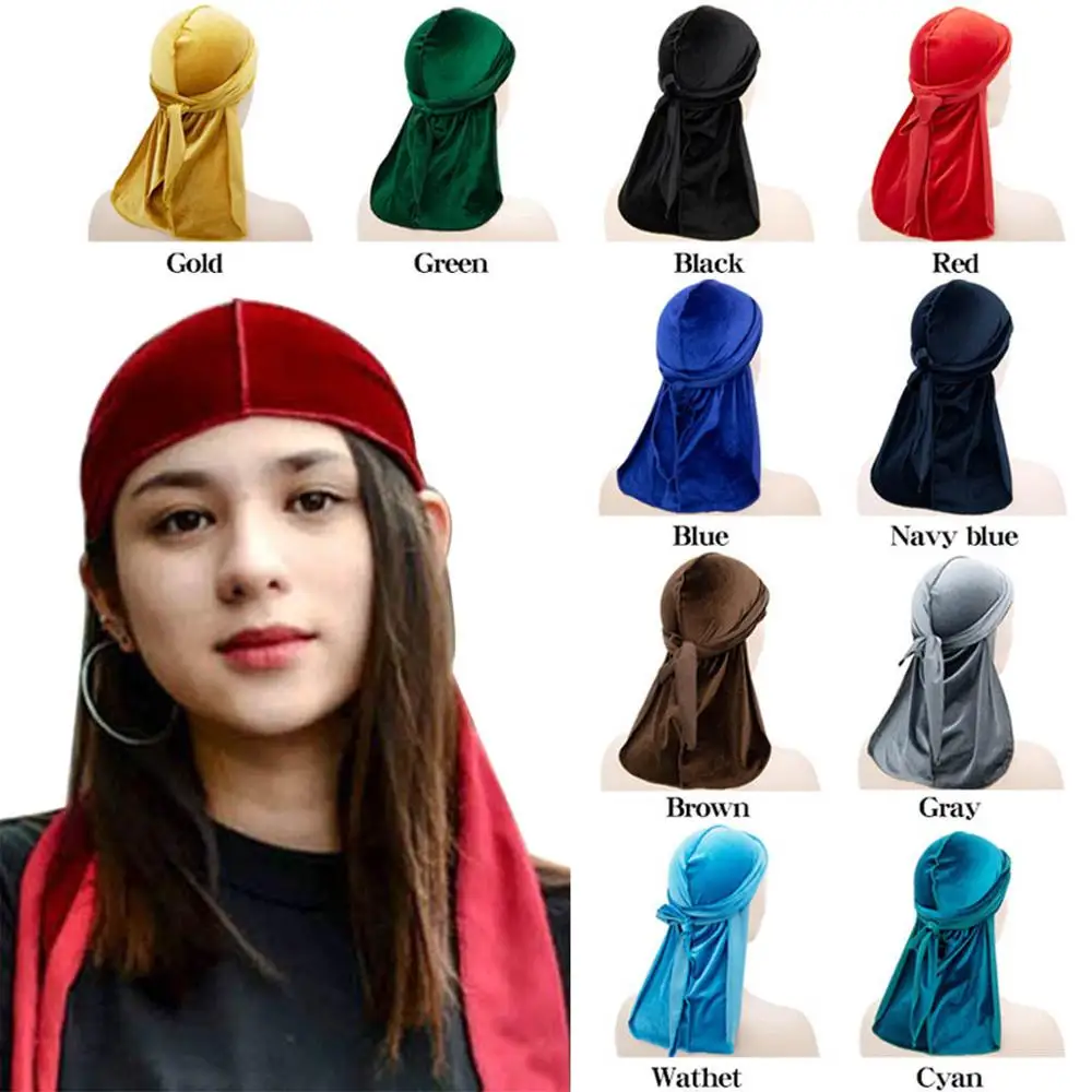 Unisex Women Men Velvet Durag Long Tail Headwrap Bandana Elastic Durags Wave Caps Men's Doo Rag Turban Cap Hip-hop Pirate Hat