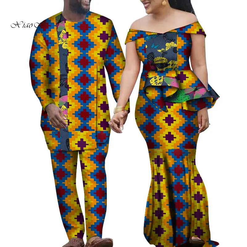 Комплект из 2 предметов, африканская одежда для пар с принтом Дашики для влюбленных, мужской костюм, женские вечерние платья макси, мужские костюмы, рубашки и штаны, WYQ212