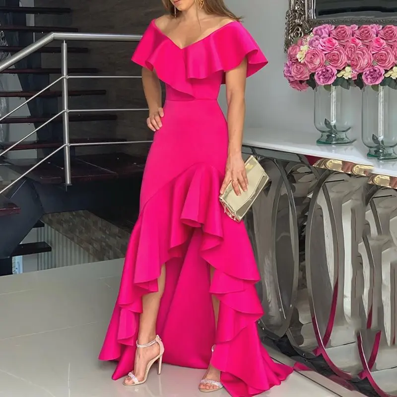 

African Style Women Deep V-Neck Maxi Dress Elegant Chic Ruffled Irregular Dress Sexy Ruffles Evening Party Ball Gown