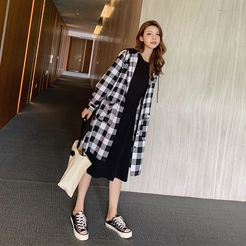New Style CHIC Korean-Style Loose And Plus-sized Hooded Plaid Single-Breasted Mid-length Students Coat Women's F7415