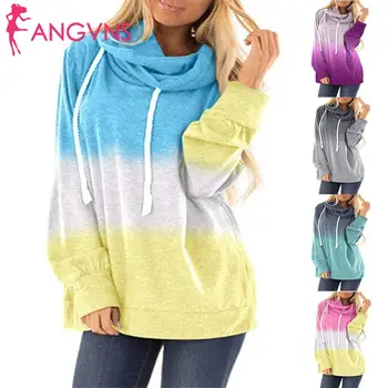 

New Fashion Women Casual Hooded Long Sleeve Loose Gradient Hips Length Pullover, Drawstring Color Hoodie None