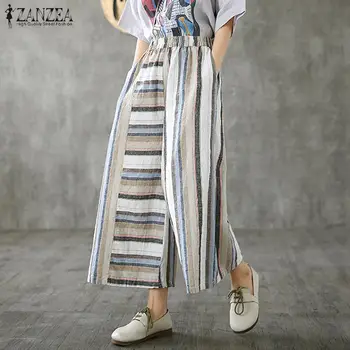 

Plus Size Women's Pants Casual Loose Trousers ZANZEA 2020 Fashion Ladies Cotton Linen Elastic Waist Striped Straight Pants 5XL
