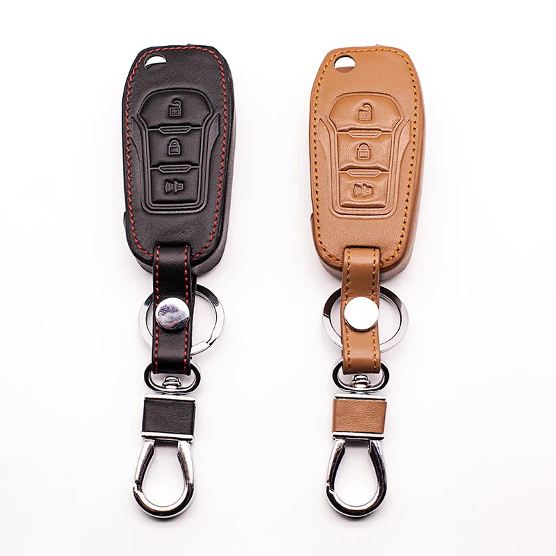 

High Quality Leather Key Ring Cover Case Holder For Ford 3 buttons car key case 2017 latest fashion men smart protect shell