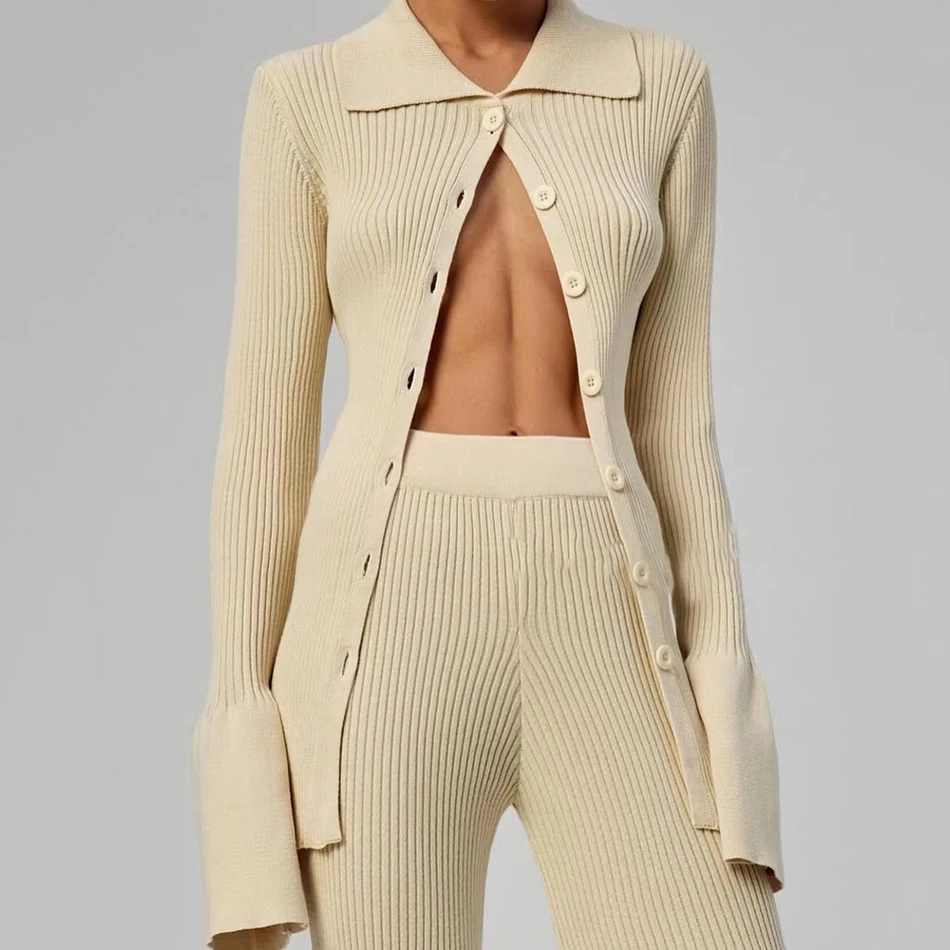 High Quality Fashion Women'S Knitted Slim 2 Two-Piece Set 2021 Spring Sexy V Long-Sleeved Button Top + Pants Casual Suit skirt suit set