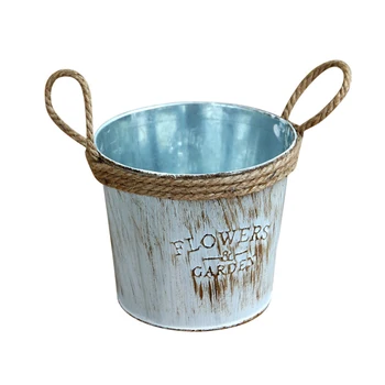 

Vintage Handmade Hemp Rope Metal Barrel Flower Pot Hanging Balcony Garden Plant Pot Flowerpot Bucket Flowerpot for Home
