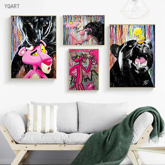 Graffiti Pink Panther Prints Colorful Julien Durix Paintings Printed on Canvas 2