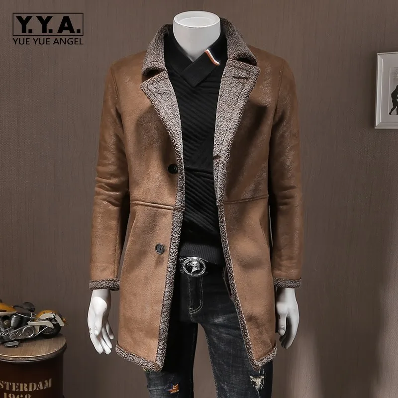 

Fashion Mens Winter Thick Warm Fleece Lining Outerwear Coats Casual Long Sleeve Single Breasted Lapel Male Medium Length Coats