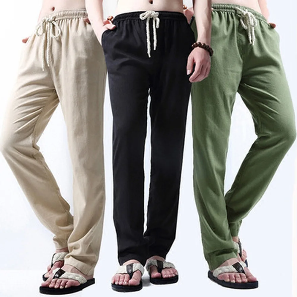 Мужские повседневные тонкие льняные шлангные брюки однотонные дышащие брюки