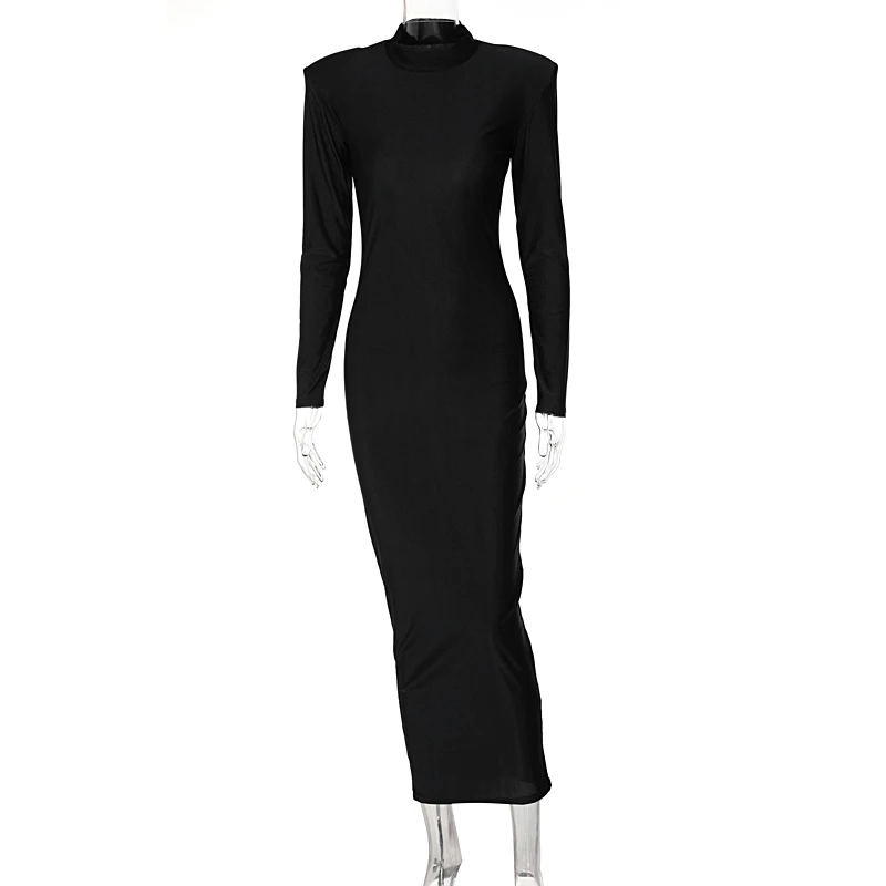 Hugcitar Solid Long Sleeve With Shoulder Pads Turtleneck Maxi Dress 2022 New Year Women Fashion Streetwear Elegant Skinny party dresses for women