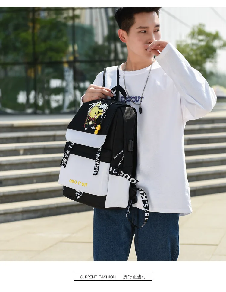 Action Large Pikachu Backpack with USB Charge Line Student Schoolbag Cute Cartoon Pikachu Couple Bags Quality Canvas Bag Gift