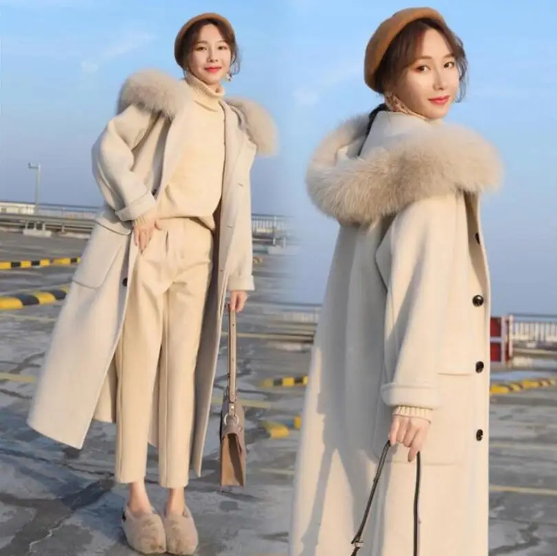 Женская шерстяная Верхняя одежда зимнее шерстяное пальто с длинным рукавом и капюшоном с меховым воротником Элегантная куртка больших размеров p225