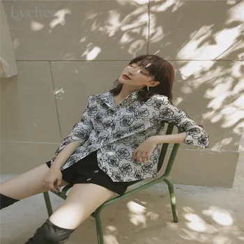 

Lychee Harajuku Rose Printed Women Shirt Blouse Button Full Print Loose Female Blouses Tops Casual Autumn Lady Shirts Blouses