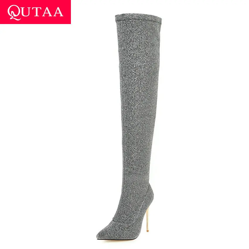 

QUTAA 2020 Sexy Leopard Thin Heel Stretch Fabrics Over The Knee High Boots Pointed Toe Winter Long Boots Women Shoes Size 34-43