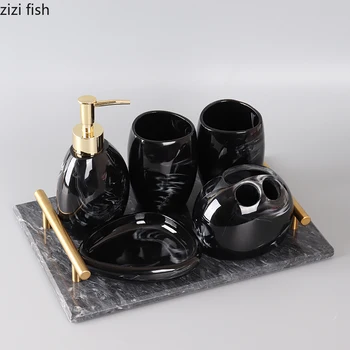 

Ink Style Resin Bathroom Wash Set Five-piece Home Bathroom Mouthwash Cup Lotion Bottle Toothbrush Cup Soap Dish Marble Tray