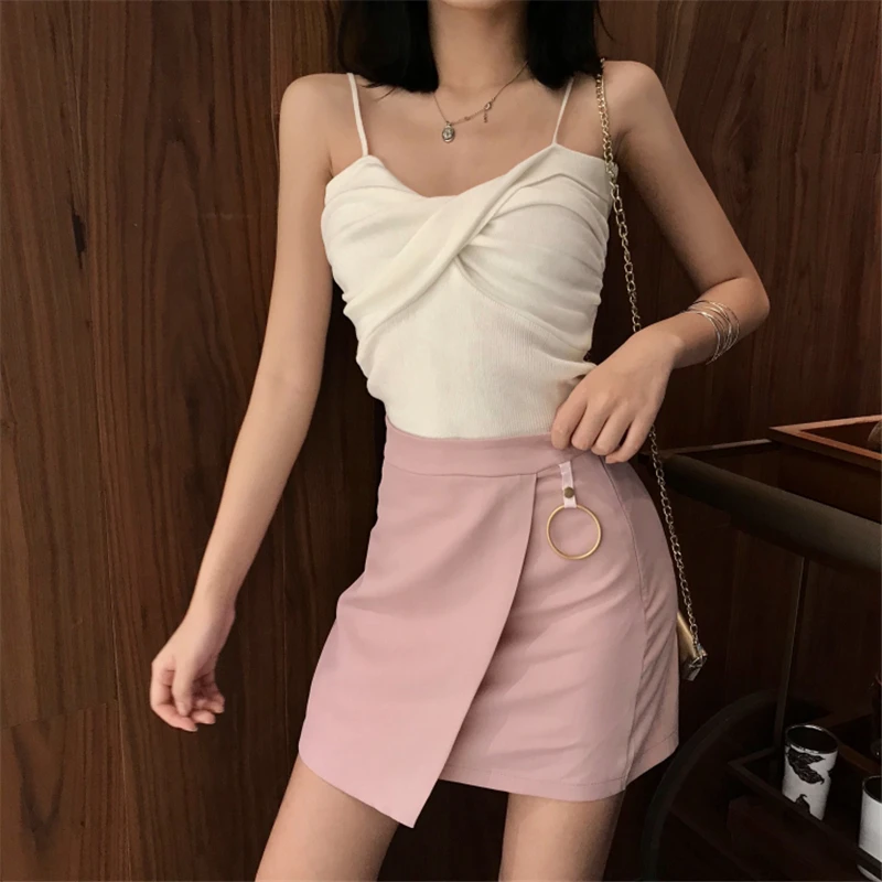 Women Fashion Solid Camis T Shirt Spring Summer Casual Backless Ladies Wrinkle Tops Tee Shirts Elegant V-neck Short Style Tops