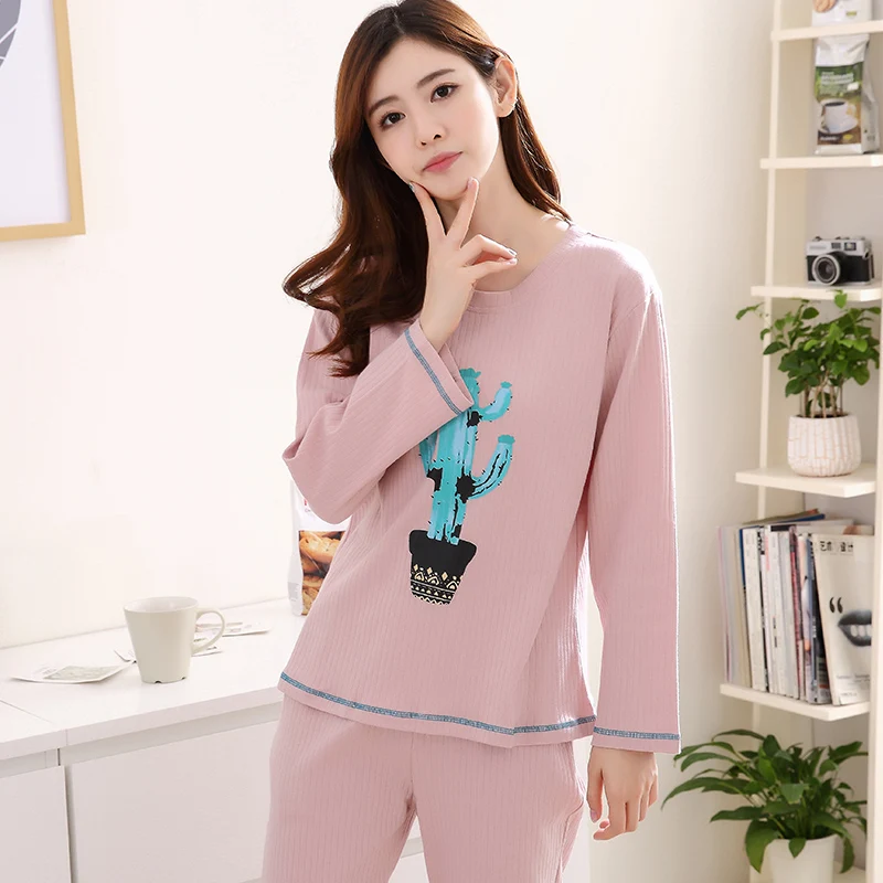 

New Pure Cotton Pajama Sets Women Sweet Girl Lounge Cute Sleepwear Long Sleeve Casual Nightwear Big Yards M-3XL Female Pijamas