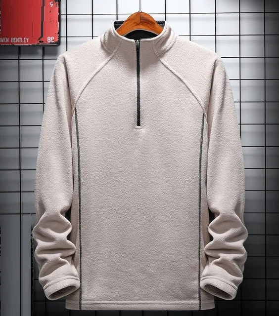 Бежевый 6XL 8XL зимний тёплый флис для мужчин футболки вне двери Спортивная футболка осень плюс размер большой 10XL хаки черный темно синий длинный рукав тройники - Цвет: Бежевый